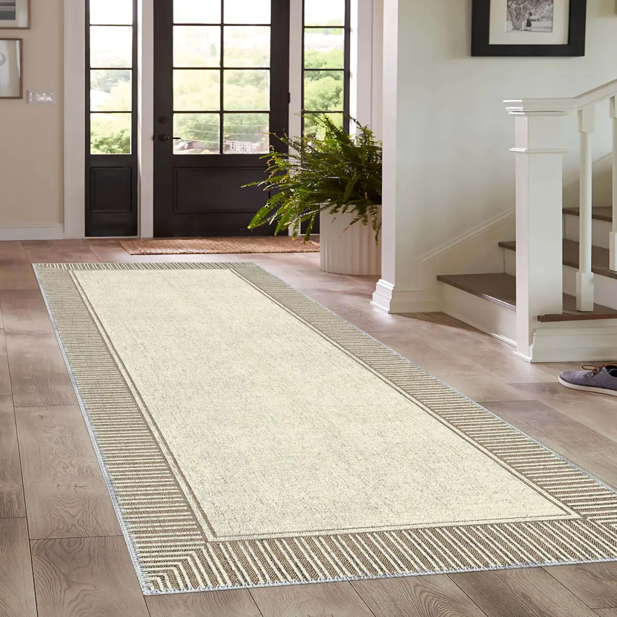 Arenal Çerçeveli Bej Polyester ve Pamuklu Yıkanabilir Kaydırmaz Taban Dijital Baskı Halı - Görsel 4