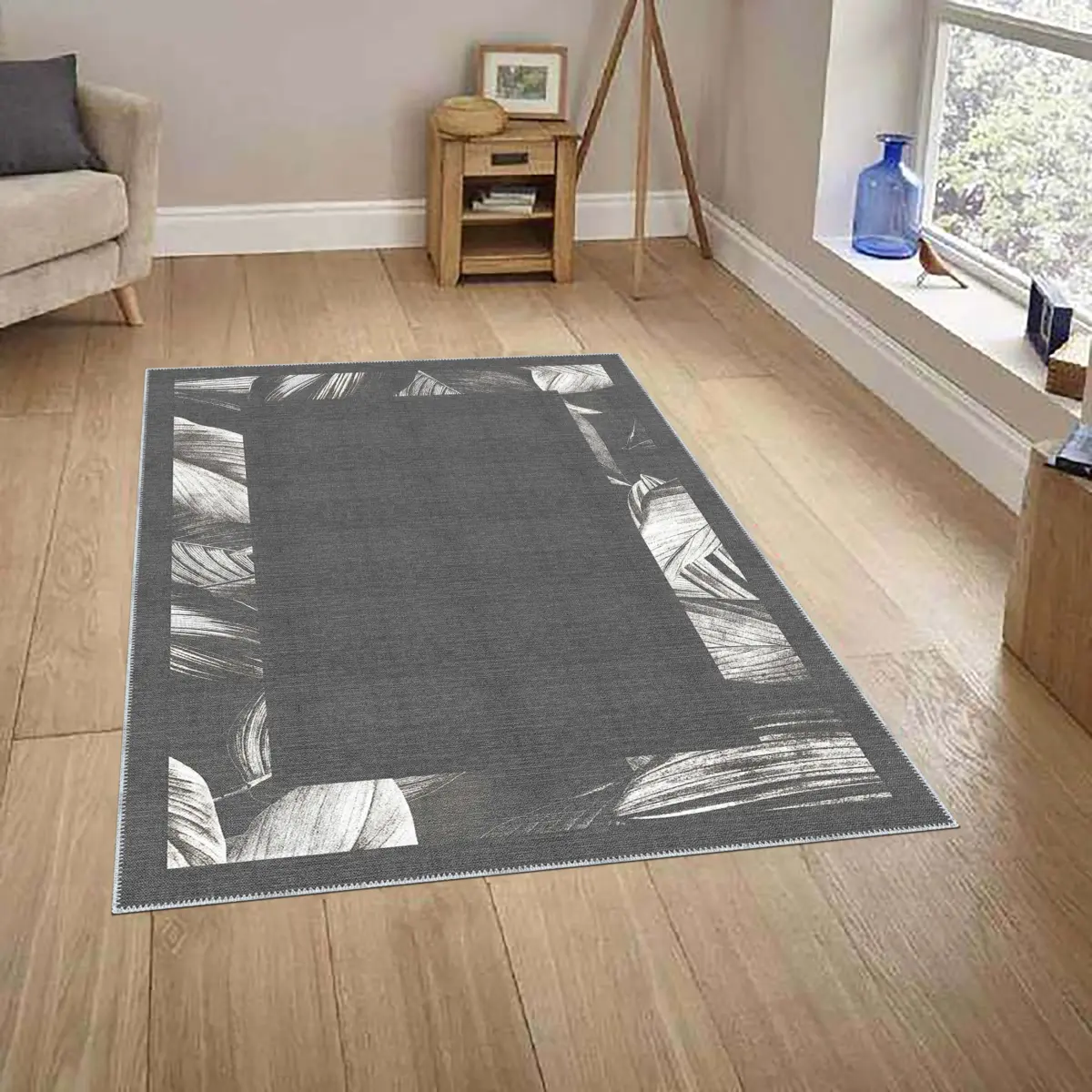 Triana Çerçeveli Gri Polyester ve Pamuklu Yıkanabilir Kaydırmaz Taban Dijital Baskı Halı - Görsel 2