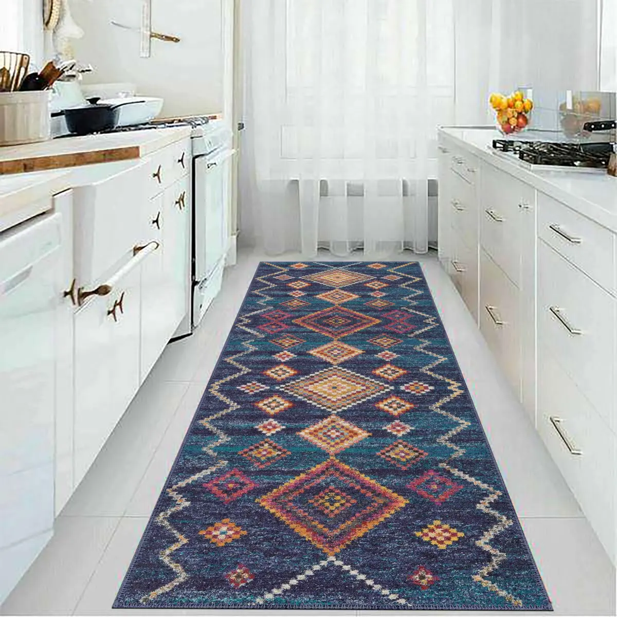 Cenova Geometrik Lacivert Polyester ve Pamuklu Yıkanabilir Kaydırmaz Taban Dijital Baskı Halı - Görsel 4