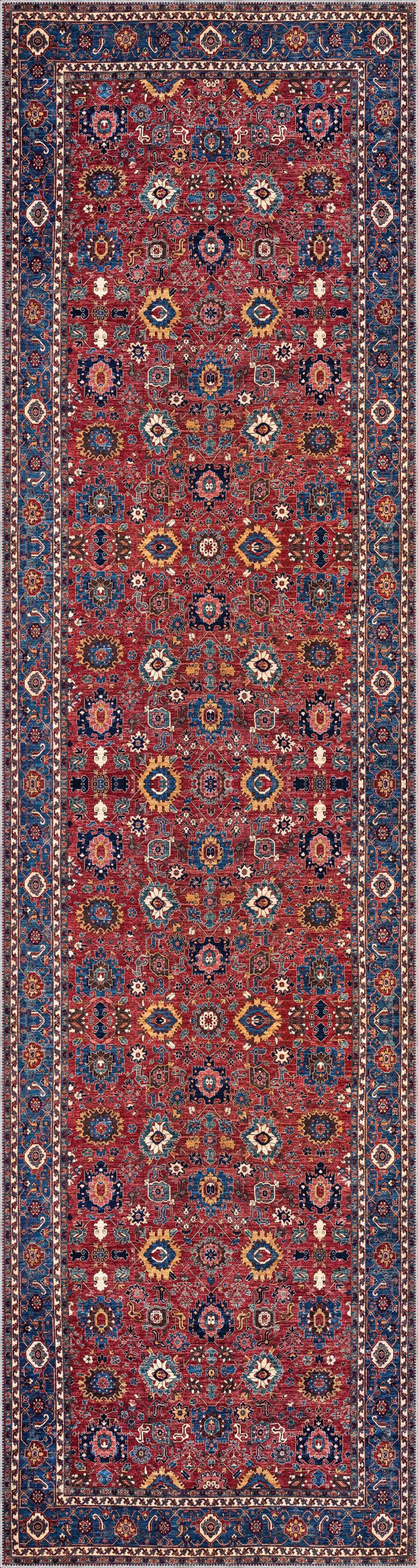 Loudi Çerçeveli Kırmızı Polyester ve Pamuklu Kaydırmaz Tabanlı Yıkanabilir Dijital Baskı Halısı - Görsel 4