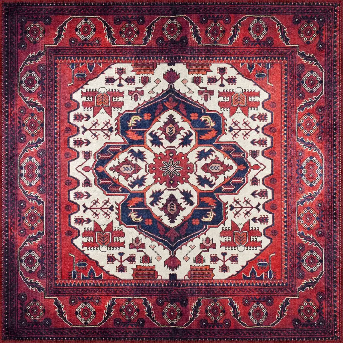 Rylte Klasik Göbekli Kırmızı Polyester ve Pamuklu Kaydırmaz Tabanlı Yıkanabilir Dijital Baskı Halısı - Görsel 3