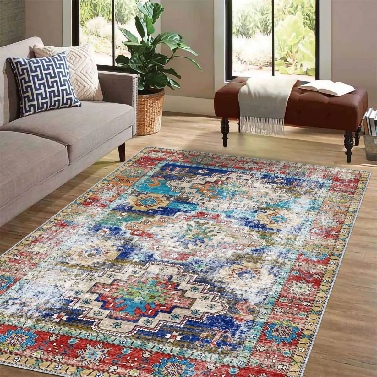 Jarken Klasik Göbekli Multi Polyester ve Pamuklu Kaydırmaz Taban Yıkanabilir Dijital Baskı Halısı - Görsel 2