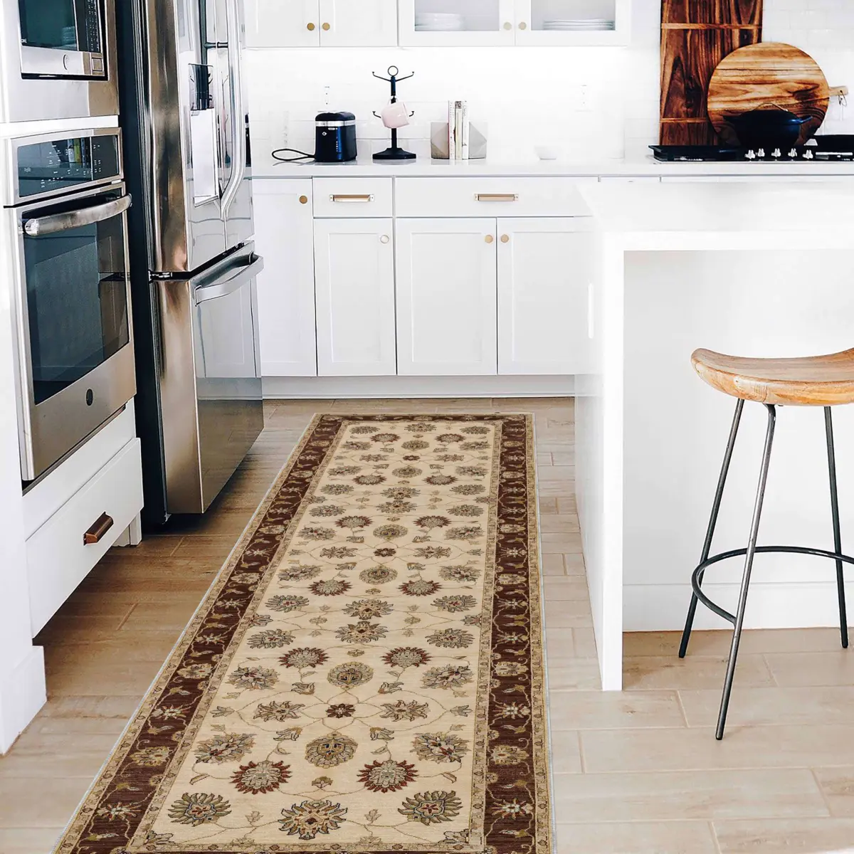 Mirpur Klasik Göbekli Bej Polyester ve Pamuklu Kaydırmaz Tabanlı Yıkanabilir Dijital Baskı Halısı - Görsel 5