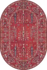 Bisira Çerçeveli Etnik Kırmızı Polyester ve Pamuklu Kaydırmaz Tabanlı Yıkanabilir Dijital Baskı Halısı - Görsel 6