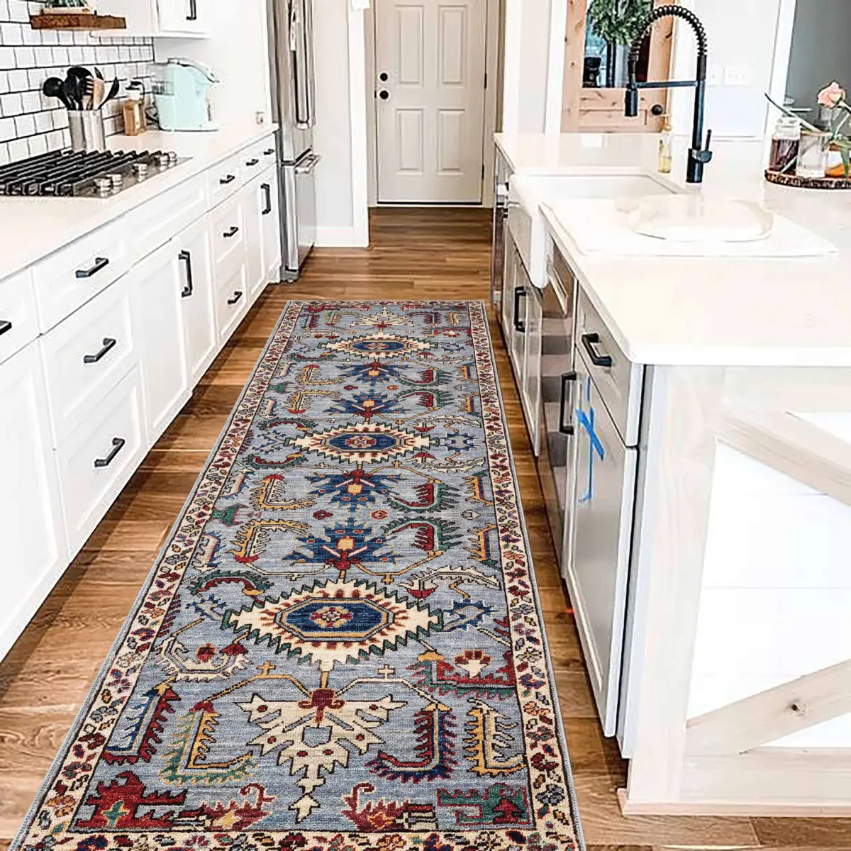 Monyva Klasik Göbekli Mavi Polyester ve Pamuklu Kaydırmaz Tabanlı Yıkanabilir Dijital Baskı Halısı - Görsel 5