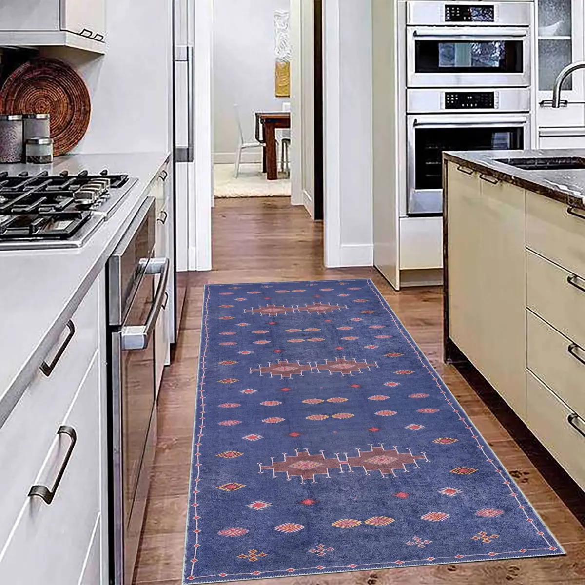 Avila Modern Etnik Lacivert Polyester ve Pamuklu Kaydırmaz Tabanlı Yıkanabilir Dijital Baskı Halısı - Görsel 5