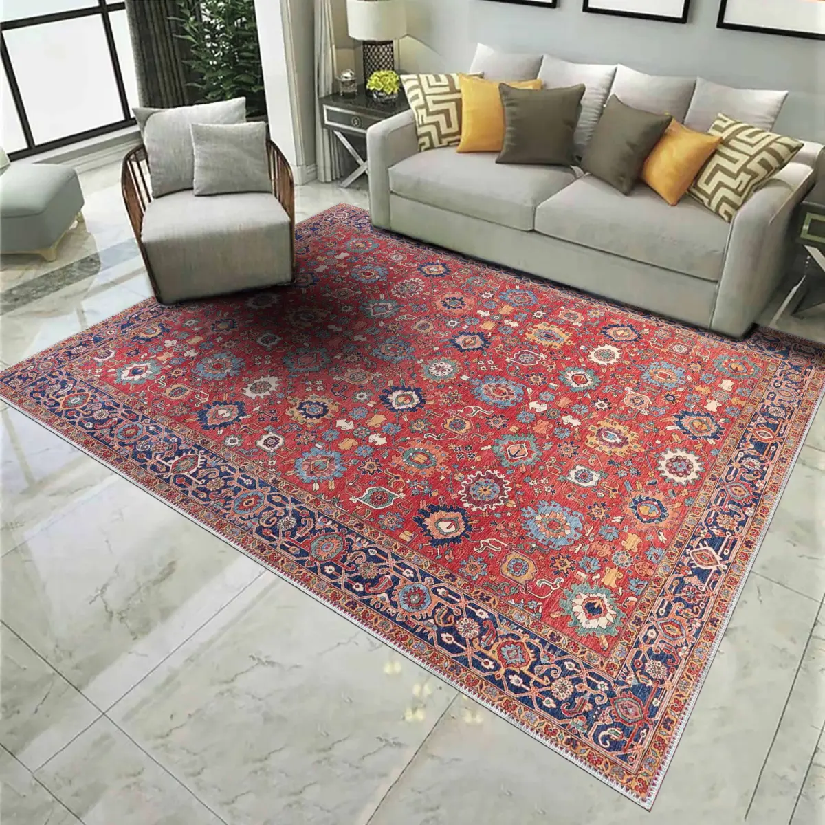 Pingdu Çerçeveli Kırmızı Polyester ve Pamuklu Kaydırmaz Tabanlı Yıkanabilir  Dijital Baskı Halısı - Görsel 2