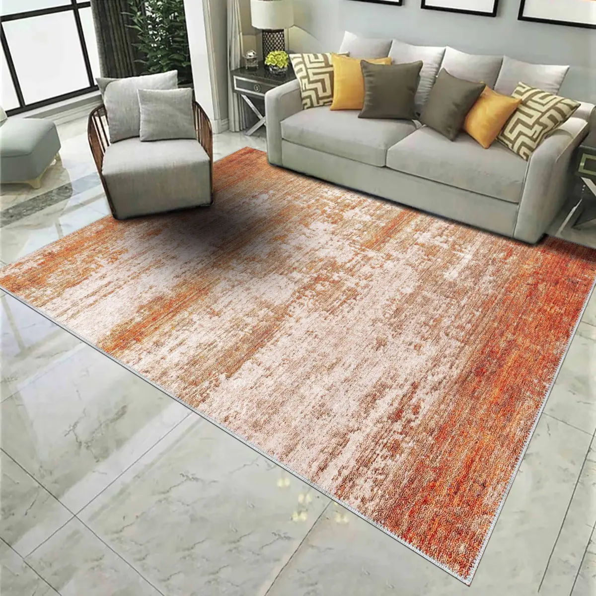 Katni Modern Turuncu Polyester ve Pamuklu Kaydırmaz Tabanlı Yıkanabilir Dijital Baskı Halısı - Görsel 2