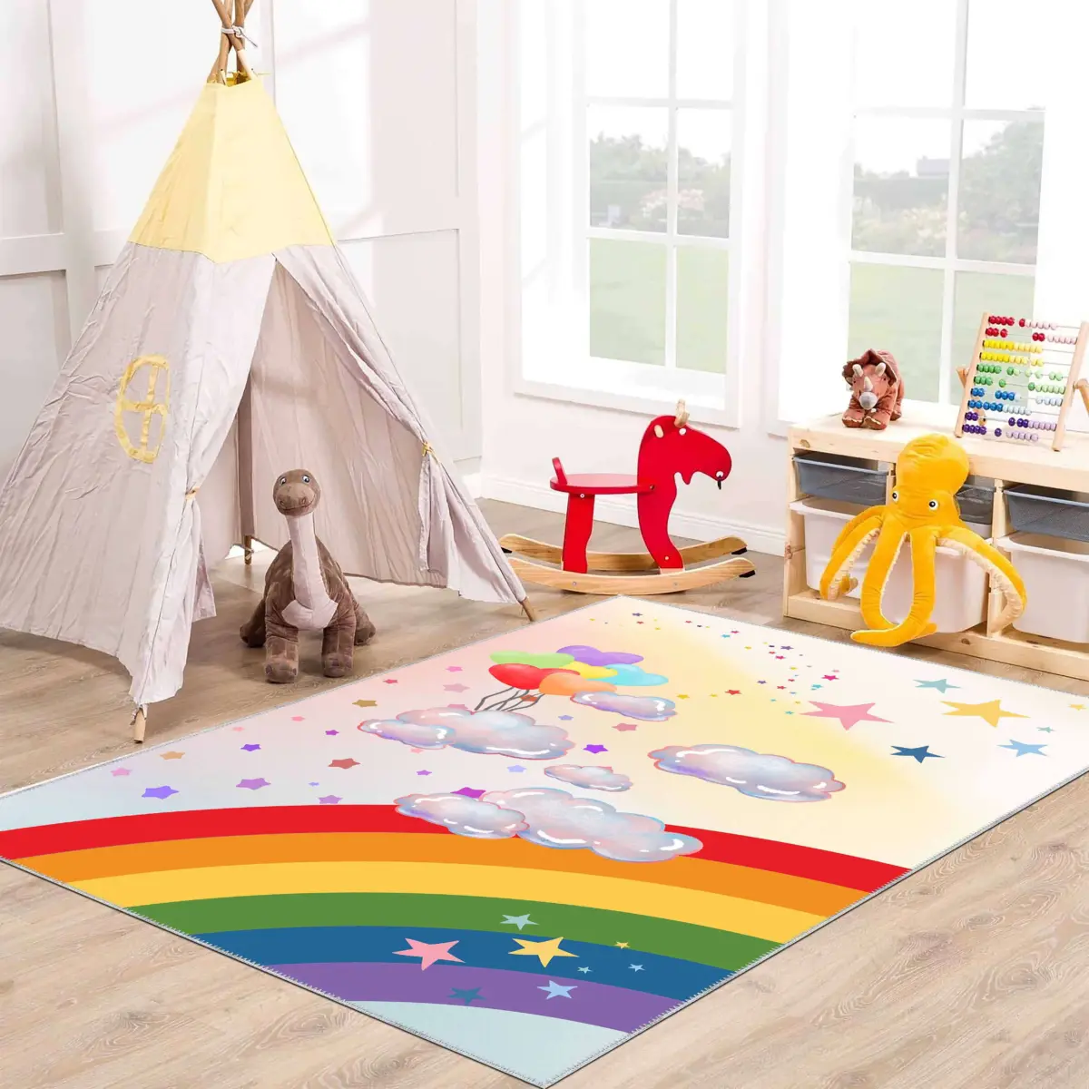 Bocas Gökkuşağı Desenli Renkli Polyester  ve Pamuklu Kaydırmaz Tabanlı Yıkanabilir Dijital Baskı Çocuk Odası Halısı - Görsel 2