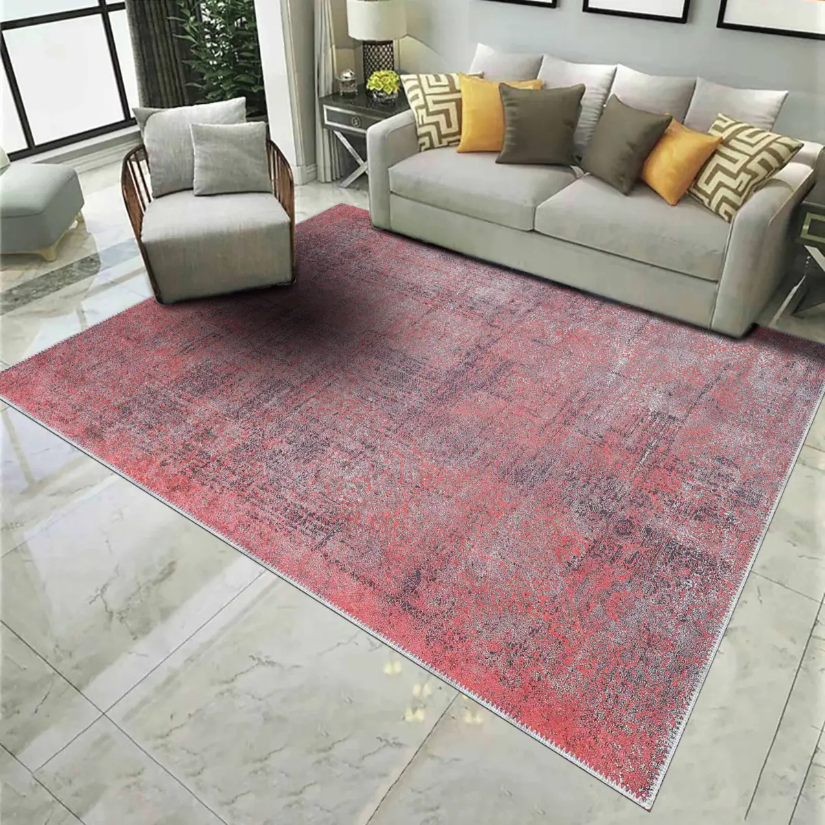 Deoria Modern Kırmızı Polyester ve Pamuklu Kaydırmaz Tabanlı Yıkanabilir Dijital Baskı Halısı - Görsel 2