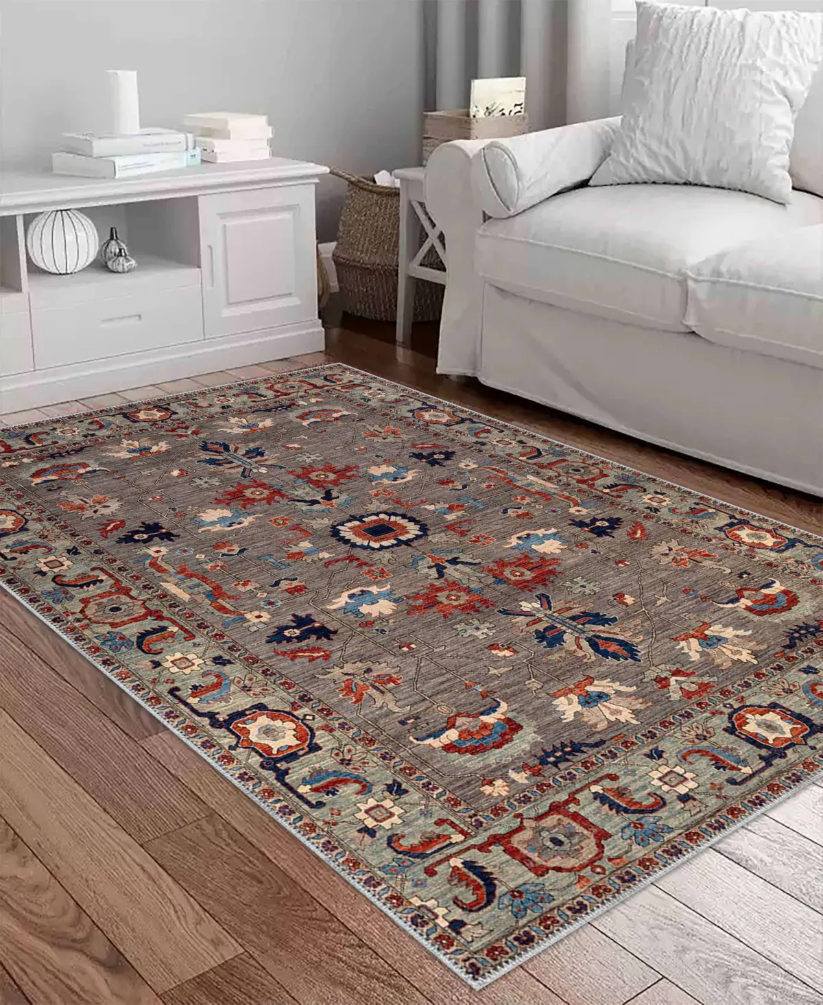 Gannan Klasik Göbekli Gri Polyester ve Pamuklu Kaydırmaz Tabanlı Yıkanabilir Dijital Baskı Halısı - Görsel 2