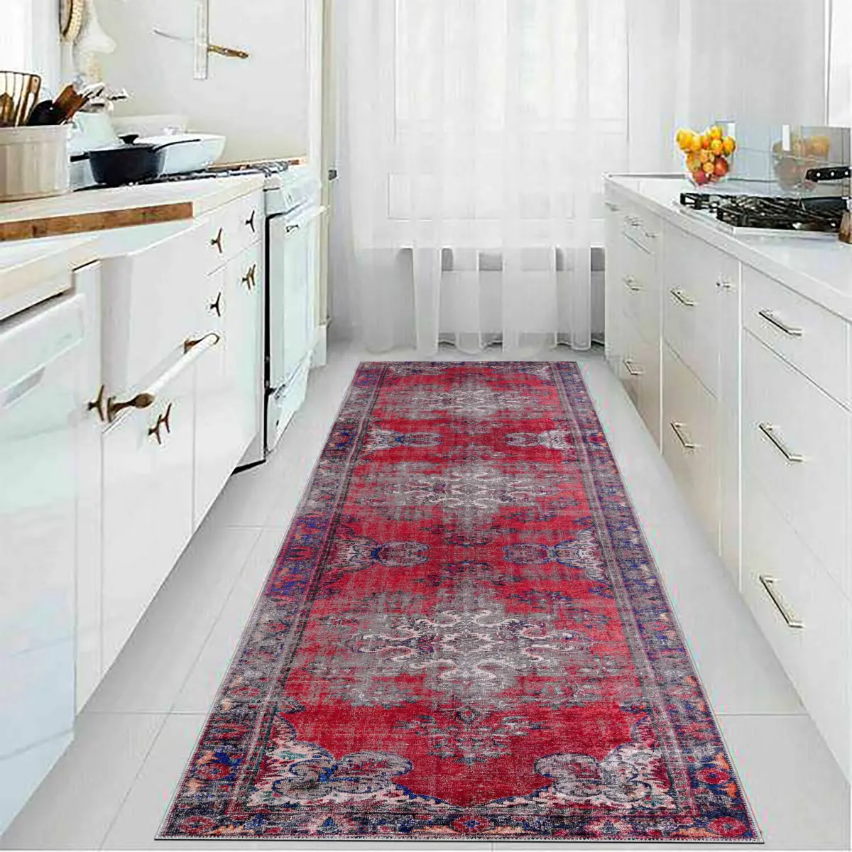 Falun Klasik Göbekli Kırmızı Polyester ve Pamuklu Kaydırmaz Taban Yıkanabilir Dijital Baskı Halısı - Görsel 5