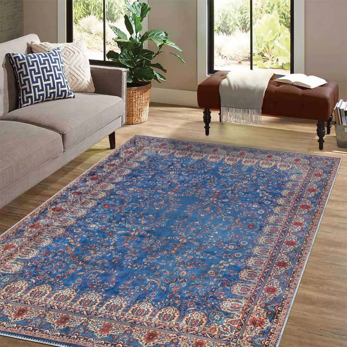 Beilen Çerçeveli Mavi Polyester ve Pamuklu Kaydırmaz Tabanlı Yıkanabilir Dijital Baskı Halısı - Görsel 2