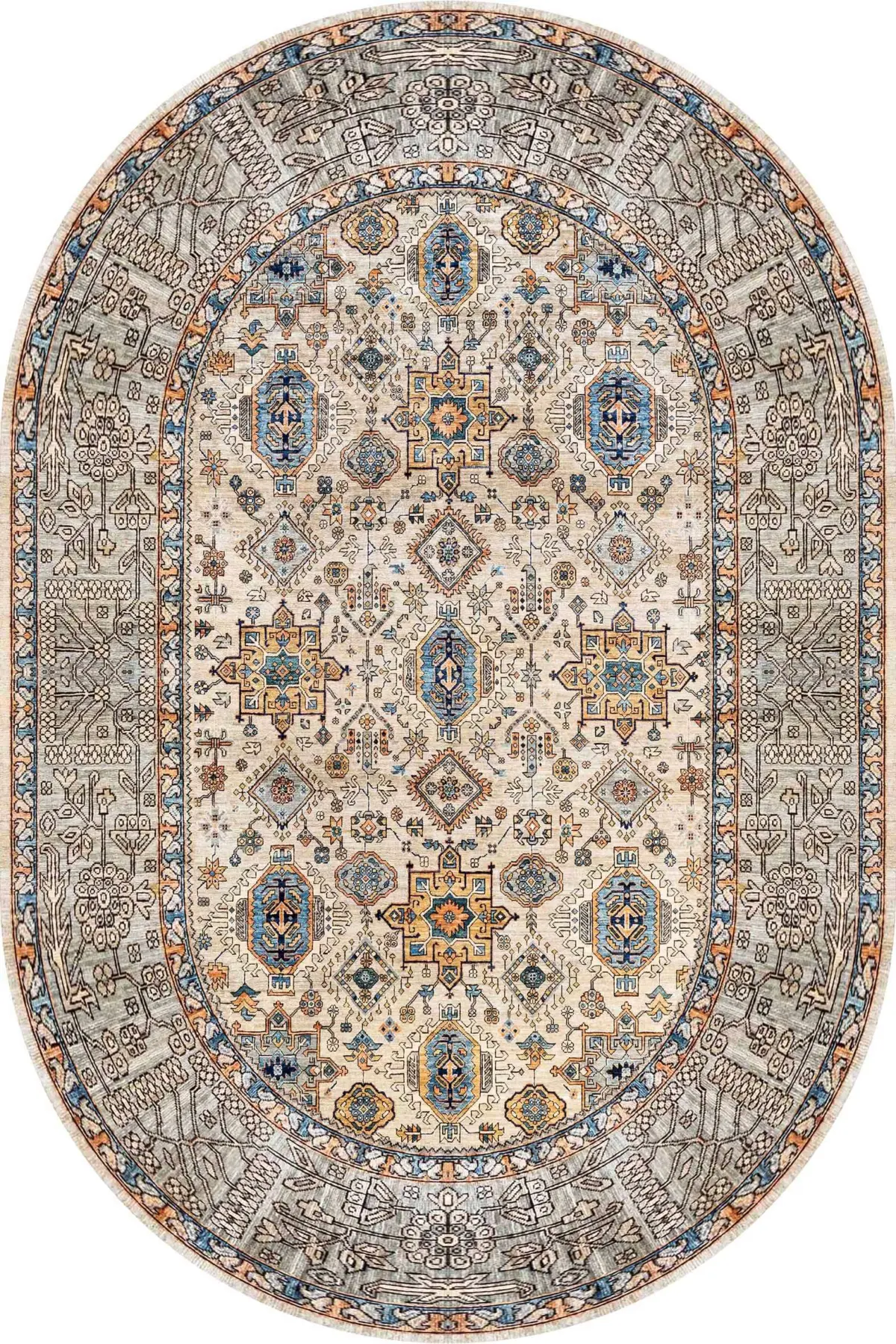 Datong Klasik Göbekli BeJ Polyester ve Pamuklu Kaydırmaz Tabanlı Yıkanabilir Dijital Baskı Halısı - Görsel 5