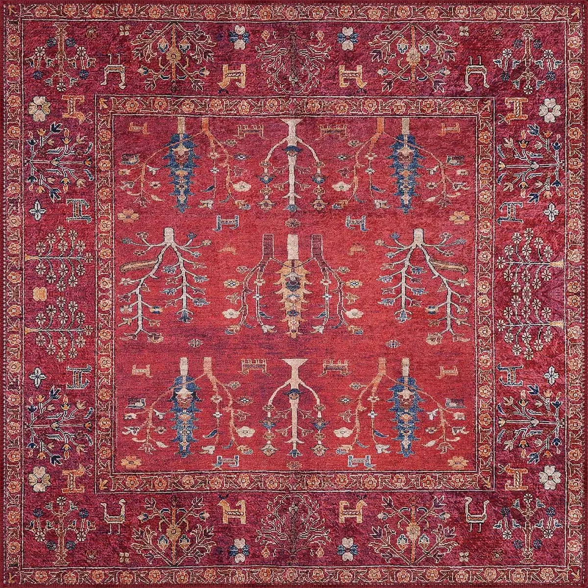 Bisira Çerçeveli Etnik Kırmızı Polyester ve Pamuklu Kaydırmaz Tabanlı Yıkanabilir Dijital Baskı Halısı - Görsel 3