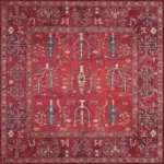 Bisira Çerçeveli Etnik Kırmızı Polyester ve Pamuklu Kaydırmaz Tabanlı Yıkanabilir Dijital Baskı Halısı - Görsel 3