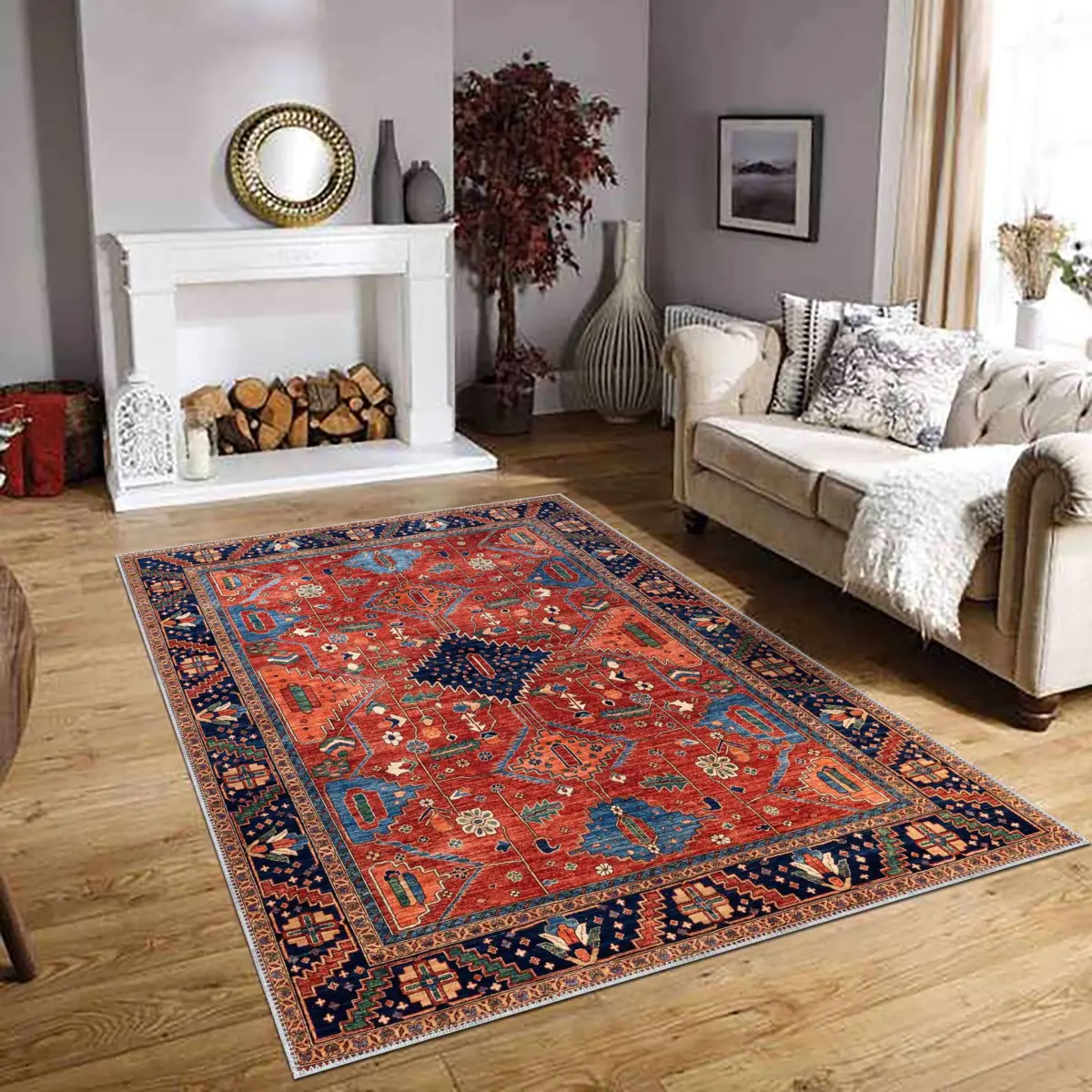 Ubon Çerçeveli Kırmızı Polyester ve Pamuklu Kaydırmaz Tabanlı Yıkanabilir Dijital Baskı Halısı - Görsel 2