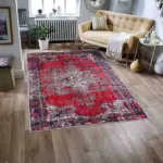 Falun Klasik Göbekli Kırmızı Polyester ve Pamuklu Kaydırmaz Taban Yıkanabilir Dijital Baskı Halısı - Görsel 2