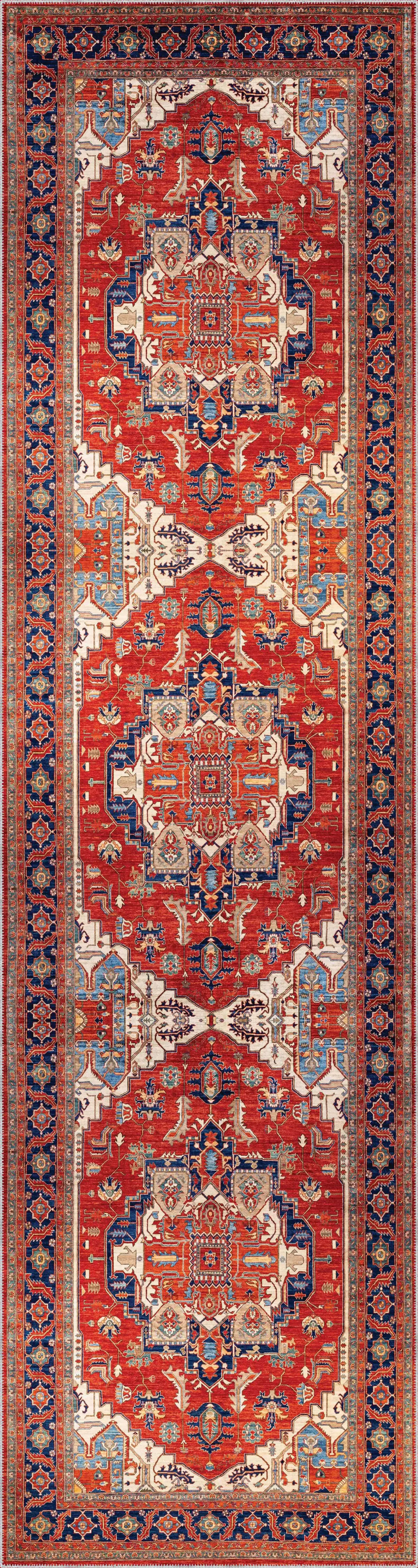 Hanno Klasik Göbekli Kırmızı Polyester ve Pamuklı Kaydırmaz Tabanlı Yıkanabilir Dijital Baskı Halısı - Görsel 4