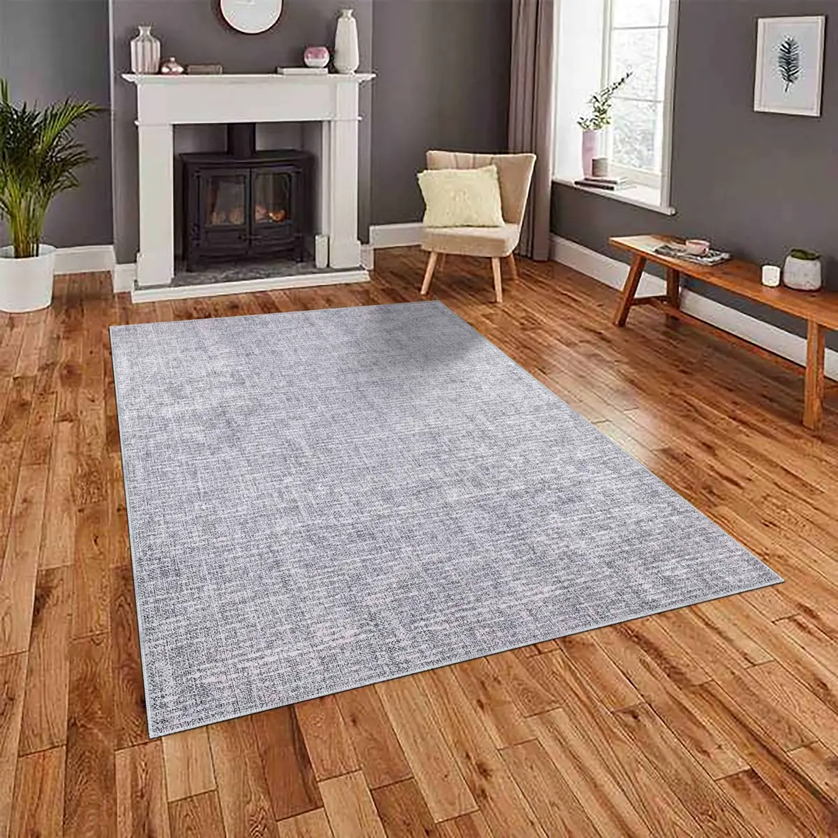 Satna Modern Gri Polyester ve Pamuklu Kaydırmaz Tabanlı Yıkanabilir Dijital Baskı Halısı - Görsel 2