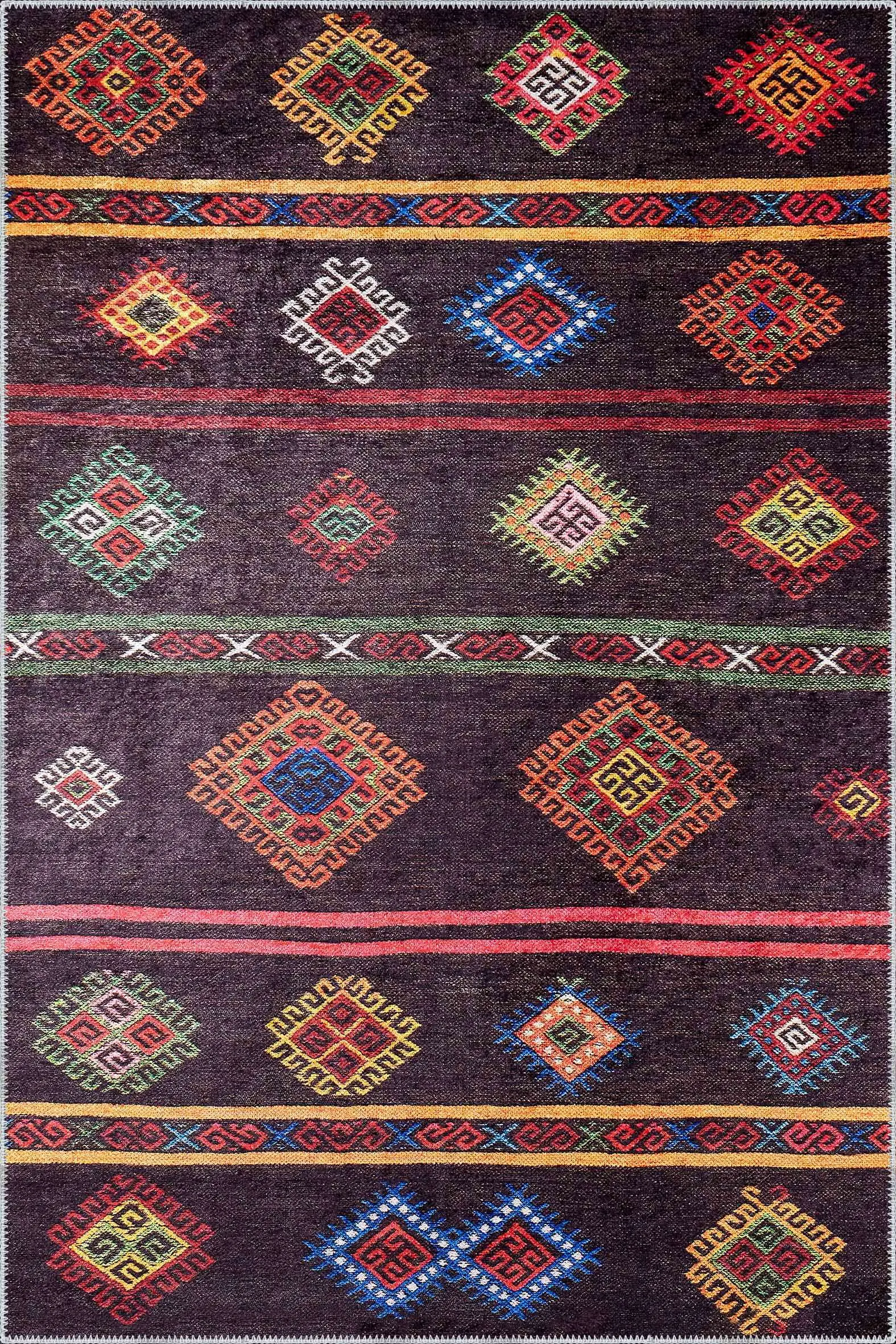 8pDrxG Gurupi Geometrik Kahverengi Polyester ve Pamuklu Kaydırmaz Tabanlı Yıkanabilir Dijital Baskı Halısı - Görsel 1