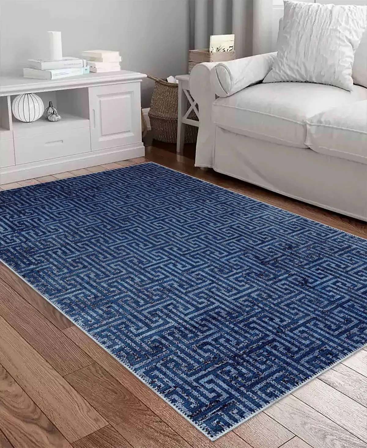 Ajmer Modern Lacivert Polyester ve Pamuklu Kaydırmaz Tabanlı Yıkanabilir Dijital Baskı Halısı - Görsel 2