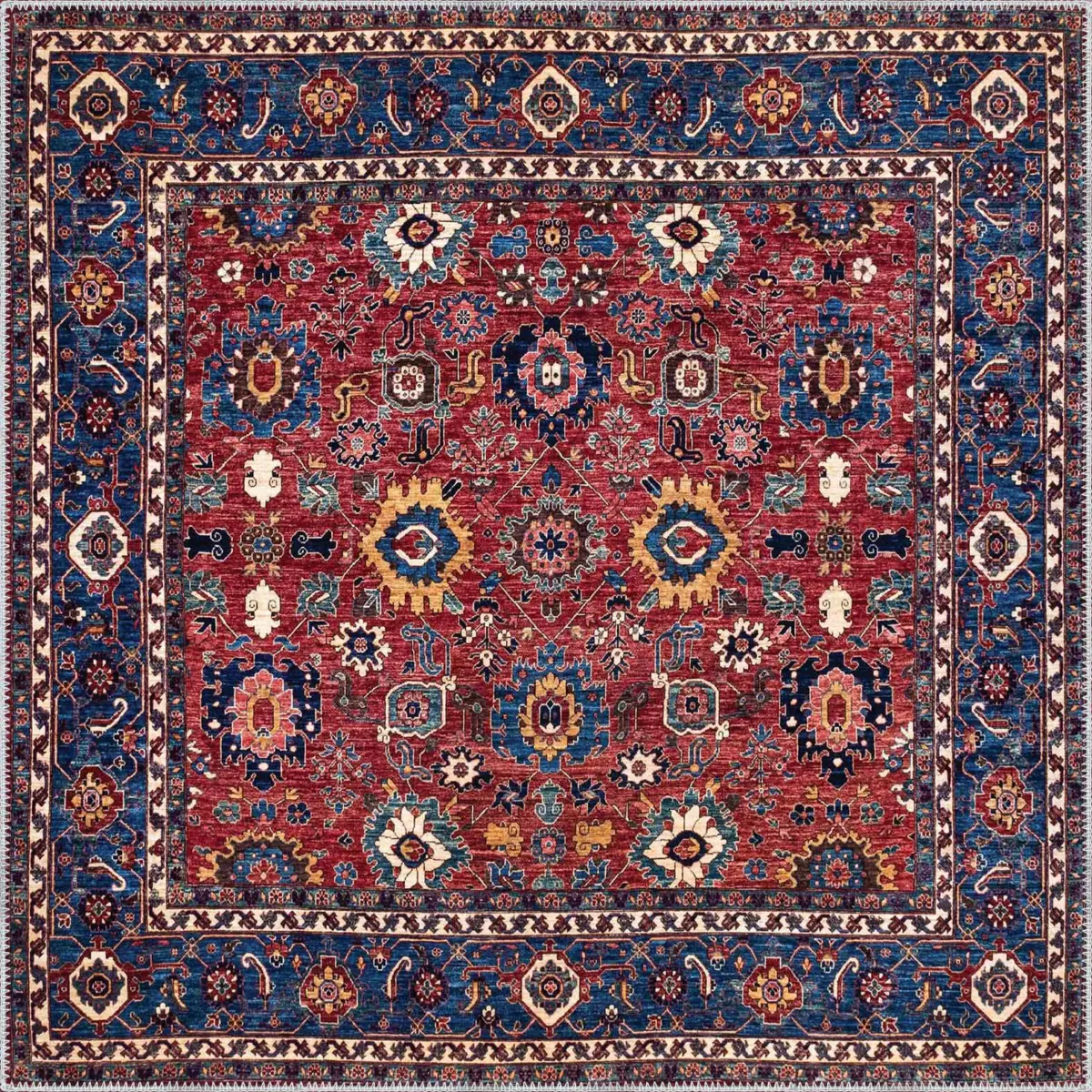 Loudi Çerçeveli Kırmızı Polyester ve Pamuklu Kaydırmaz Tabanlı Yıkanabilir Dijital Baskı Halısı - Görsel 3