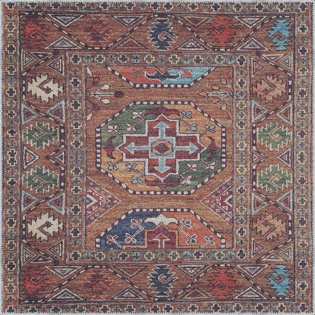 Falla Klasik Göbekli Etnik Kahverengi Polyester ve Pamuklu Kaydırmaz Tabanlı Yıkanabilir Dijital Baskı Halısı - Görsel 3