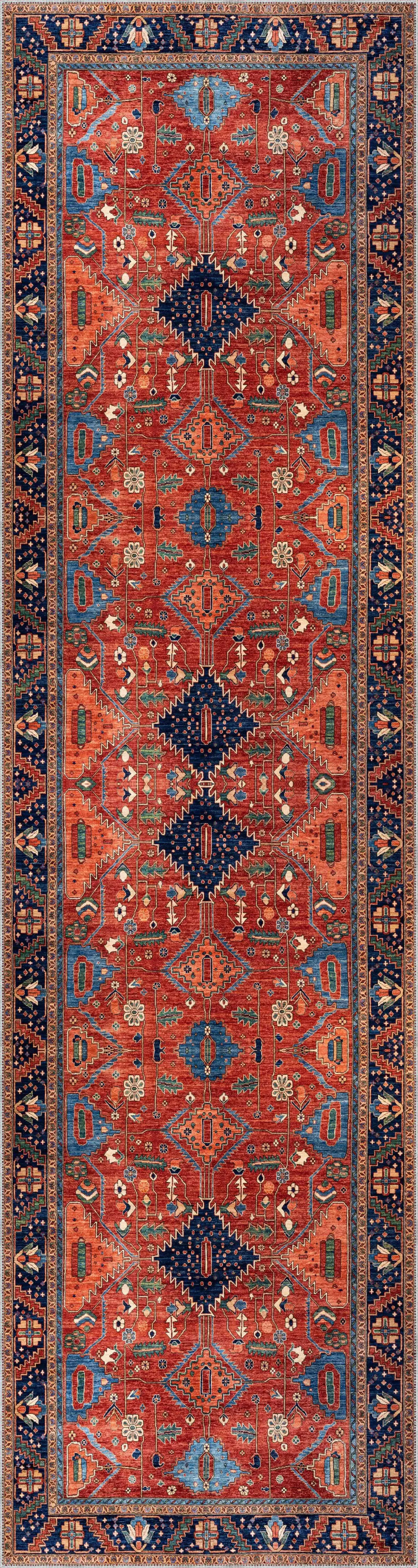 Ubon Çerçeveli Kırmızı Polyester ve Pamuklu Kaydırmaz Tabanlı Yıkanabilir Dijital Baskı Halısı - Görsel 4