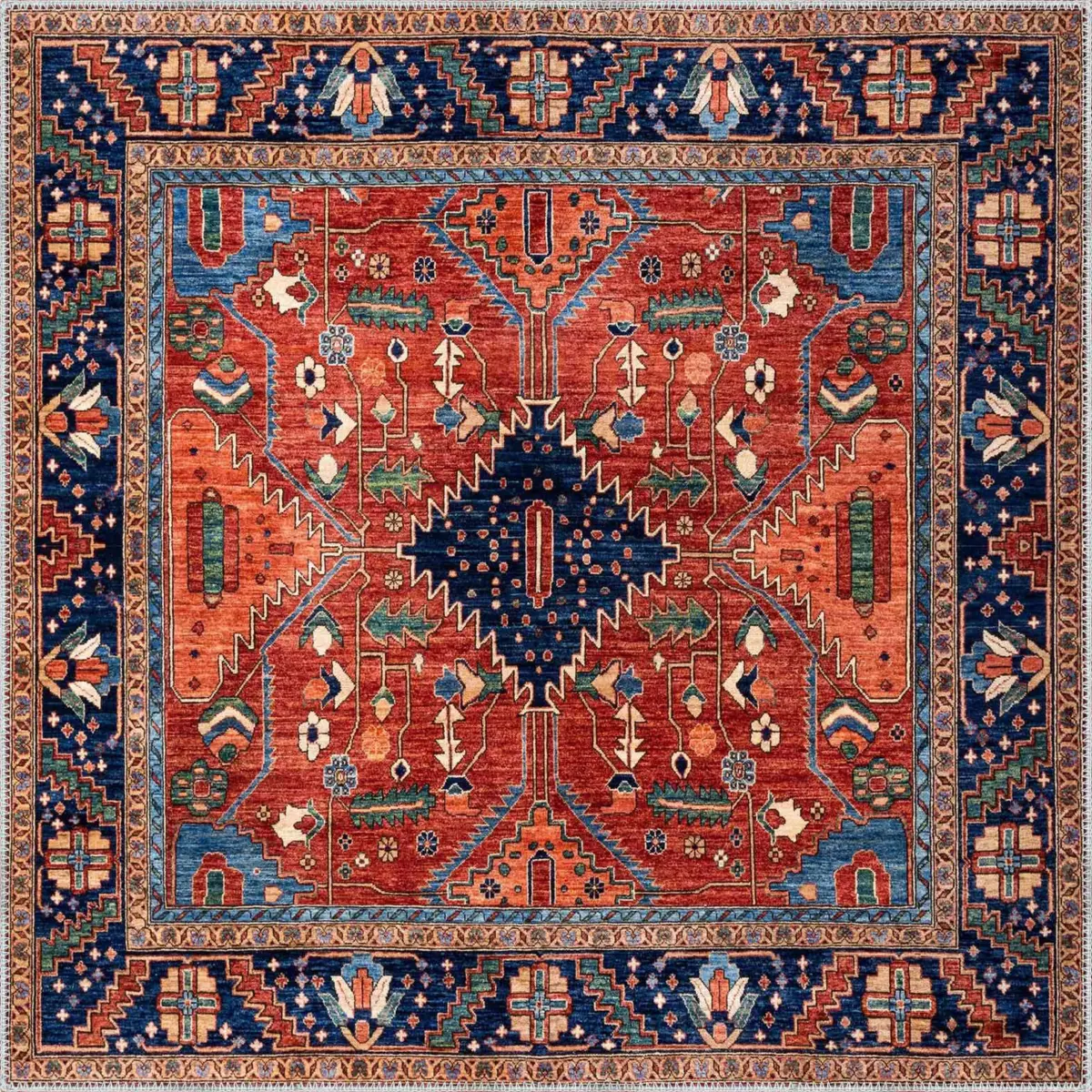 Ubon Çerçeveli Kırmızı Polyester ve Pamuklu Kaydırmaz Tabanlı Yıkanabilir Dijital Baskı Halısı - Görsel 3