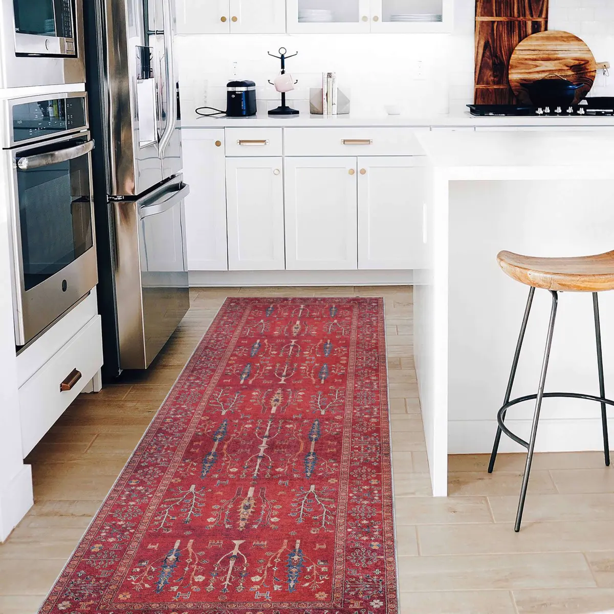 Bisira Çerçeveli Etnik Kırmızı Polyester ve Pamuklu Kaydırmaz Tabanlı Yıkanabilir Dijital Baskı Halısı - Görsel 5