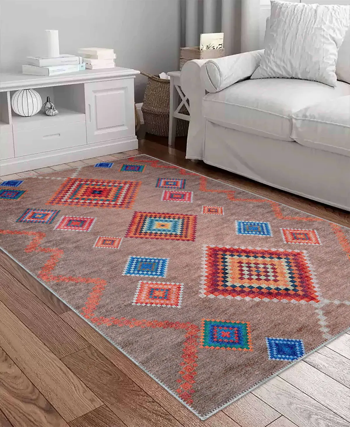 Alvear Geometrik Kahverengi Polyester ve Pamuklu Kaydırmaz Tabanlı Yıkanabilir Dijital Baskı Halısı - Görsel 2