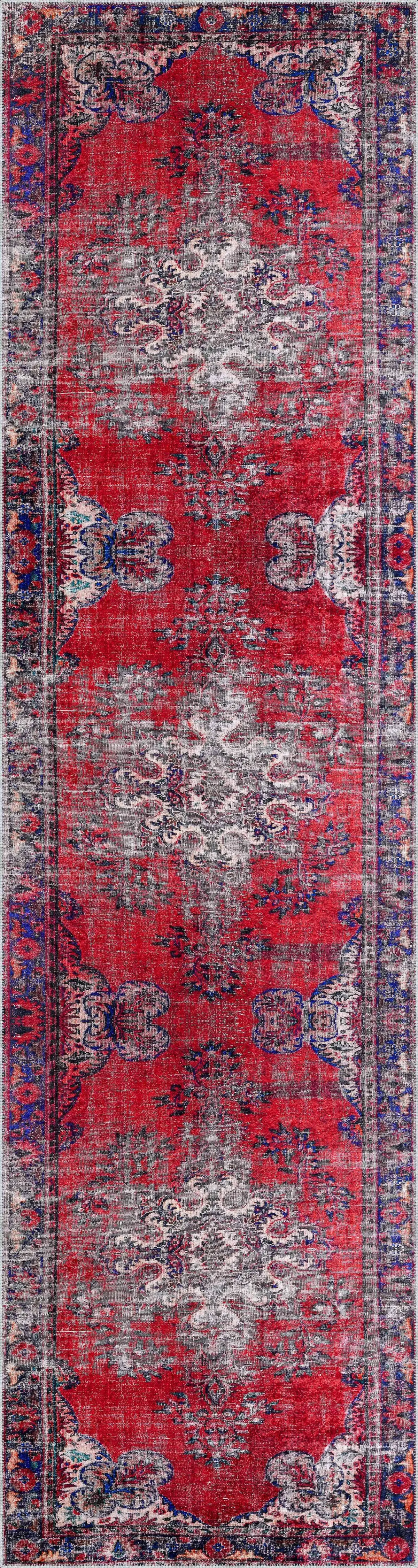 Falun Klasik Göbekli Kırmızı Polyester ve Pamuklu Kaydırmaz Taban Yıkanabilir Dijital Baskı Halısı - Görsel 4