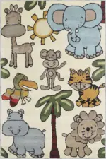 Sieyic Sevimli Dostlar Desenli Bej Polyester ve Pamuklu Kaydırmaz Tabanlı Yıkanabilir Dijital Baskı Çocuk Odası Halısı