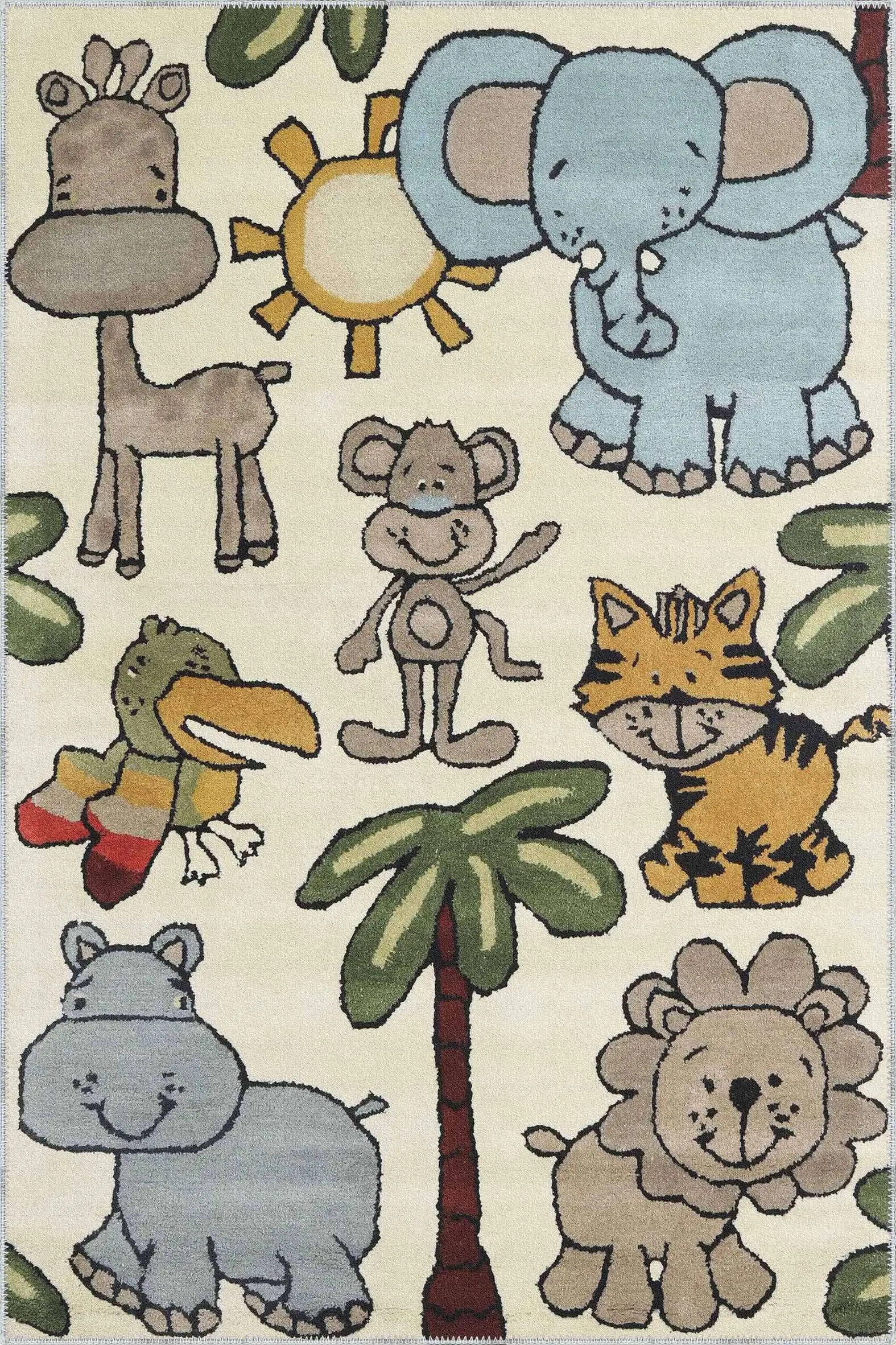 BRkhNn Sieyic Sevimli Dostlar Desenli Bej Polyester ve Pamuklu Kaydırmaz Tabanlı Yıkanabilir Dijital Baskı Çocuk Odası Halısı - Görsel 1