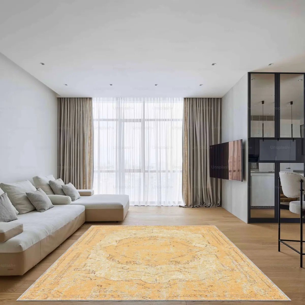 Moreh Klasik Göbekli Sarı Polyester ve Pamuklu Kaydırmaz Tabanlı Yıkanabilir Dijital Baskı Halısı - Görsel 2