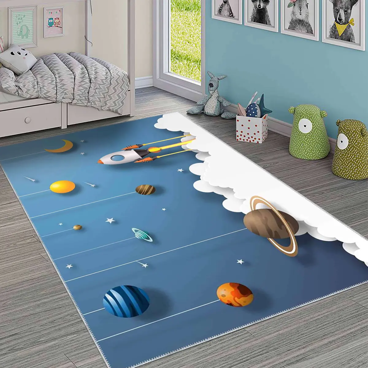 Pilon Uzay Desenli Mavi Polyester ve Pamuklu Kaydırmaz Tabanlı Yıkanabilir Dijital Baskı Çocuk Odası Halısı - Görsel 2