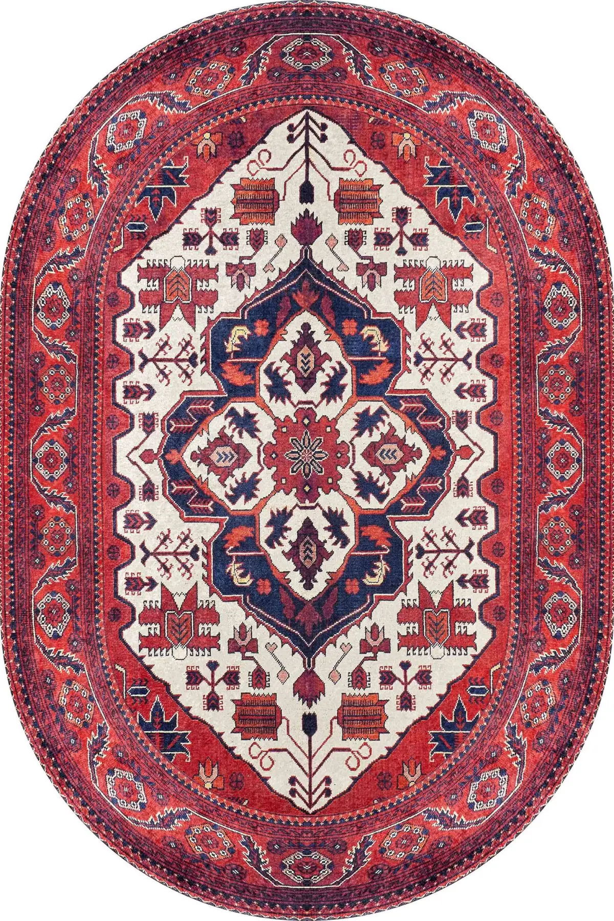 Rylte Klasik Göbekli Kırmızı Polyester ve Pamuklu Kaydırmaz Tabanlı Yıkanabilir Dijital Baskı Halısı - Görsel 6