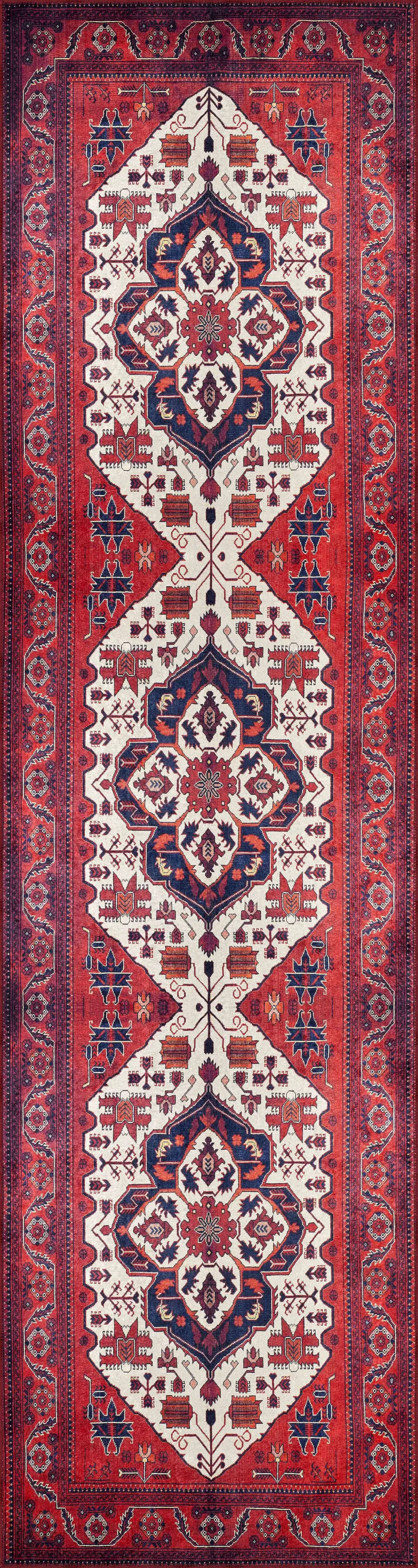 Rylte Klasik Göbekli Kırmızı Polyester ve Pamuklu Kaydırmaz Tabanlı Yıkanabilir Dijital Baskı Halısı - Görsel 4