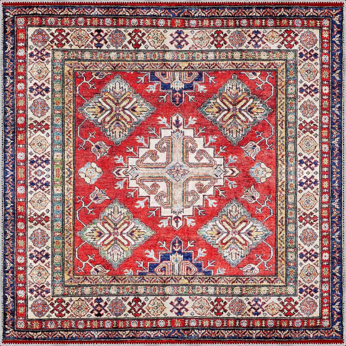 Sunne Çerçeveli Kırmızı Polyester ve Pamuklu Kaydırmaz Taban Yıkanabilir Dijital Baskı Halısı - Görsel 3