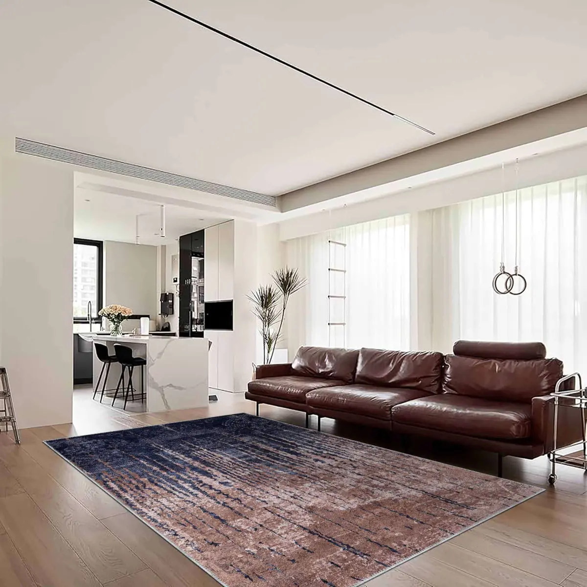 Bagoda Modern Lacivert Polyester ve Pamuklu Kaydırmaz Tabanlı Yıkanabilir Dijital Baskı Halısı - Görsel 2