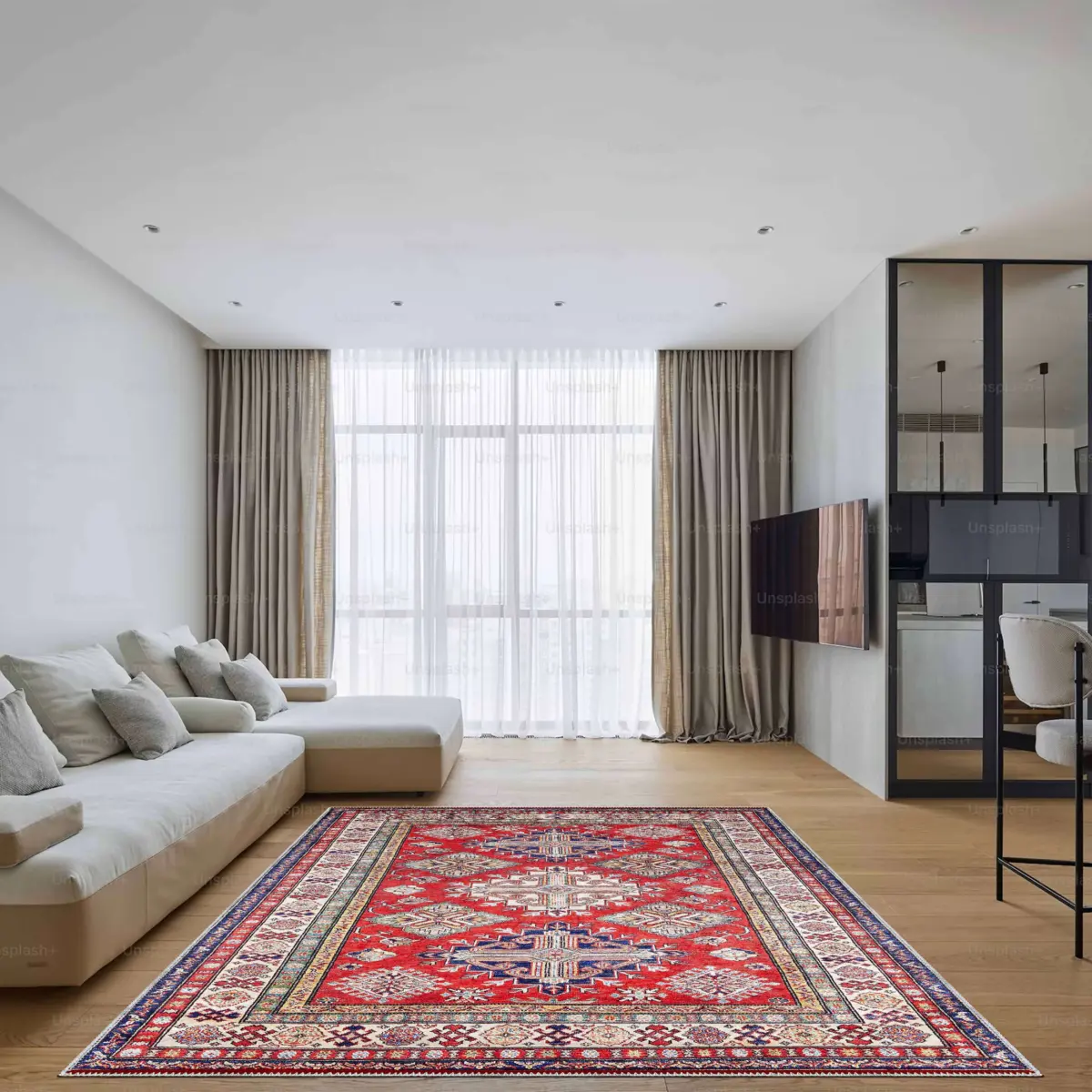 Sunne Çerçeveli Kırmızı Polyester ve Pamuklu Kaydırmaz Taban Yıkanabilir Dijital Baskı Halısı - Görsel 2