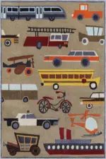 Jaco Taşıt Desenli Kahverengi Polyester ve Pamuklu Kaydırmaz Tabanlı Yıkanabilit Dijital Baskı Çocuk Odası Halısı