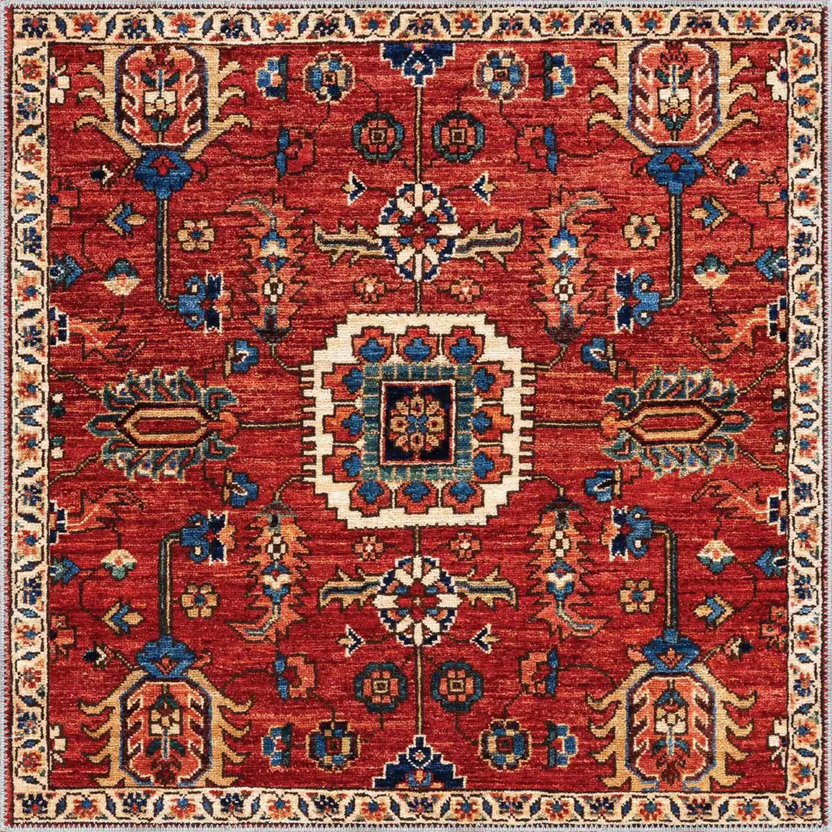 Lashio Klasik Göbekli Kırmızı Polyester ve Pamuklu Kaydırmaz Tabanlı Yıkanabilir Dijital Baskı Halısı - Görsel 3