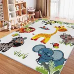 Abajo Sevimli Dostlar Desenli Beyaz Polyester ve Pamuklu Kaydırmaz Tabanlı Yıkanabilir Dijital Baskı Çcok Odası Halısı - Görsel 2