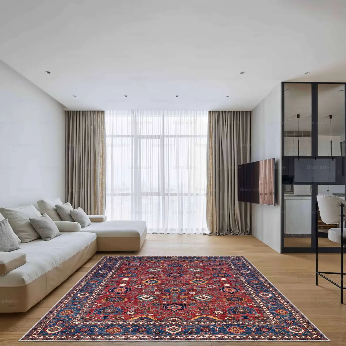 Loudi Çerçeveli Kırmızı Polyester ve Pamuklu Kaydırmaz Tabanlı Yıkanabilir Dijital Baskı Halısı - Görsel 2