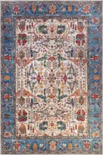 Jimo Çerçeveli Mavi Polyester ve Pamuklu Kaydırmaz Tabanlı Yıkanabilir Dijital Baskı Halısı