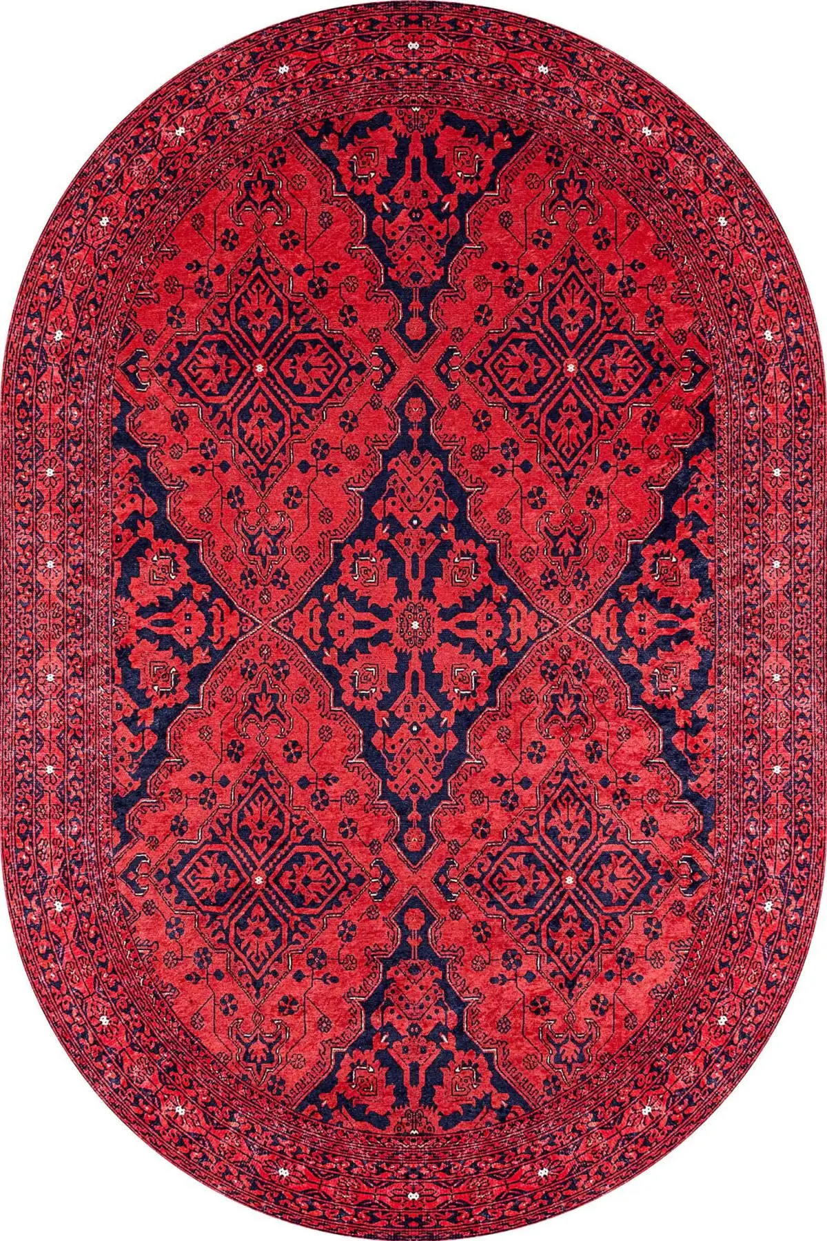 Harlov Klasik Göbekli Kırmızı Polyester ve Pamuklu Kaydırmaz Taban Yıkanabilir Dijital Baskı Halısı - Görsel 6