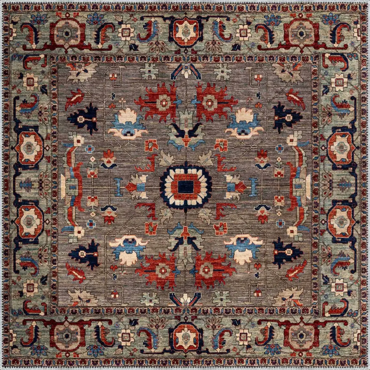 Gannan Klasik Göbekli Gri Polyester ve Pamuklu Kaydırmaz Tabanlı Yıkanabilir Dijital Baskı Halısı - Görsel 3