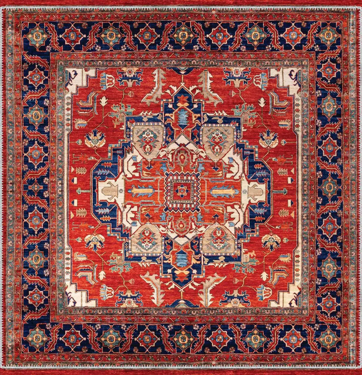 Hanno Klasik Göbekli Kırmızı Polyester ve Pamuklı Kaydırmaz Tabanlı Yıkanabilir Dijital Baskı Halısı - Görsel 3